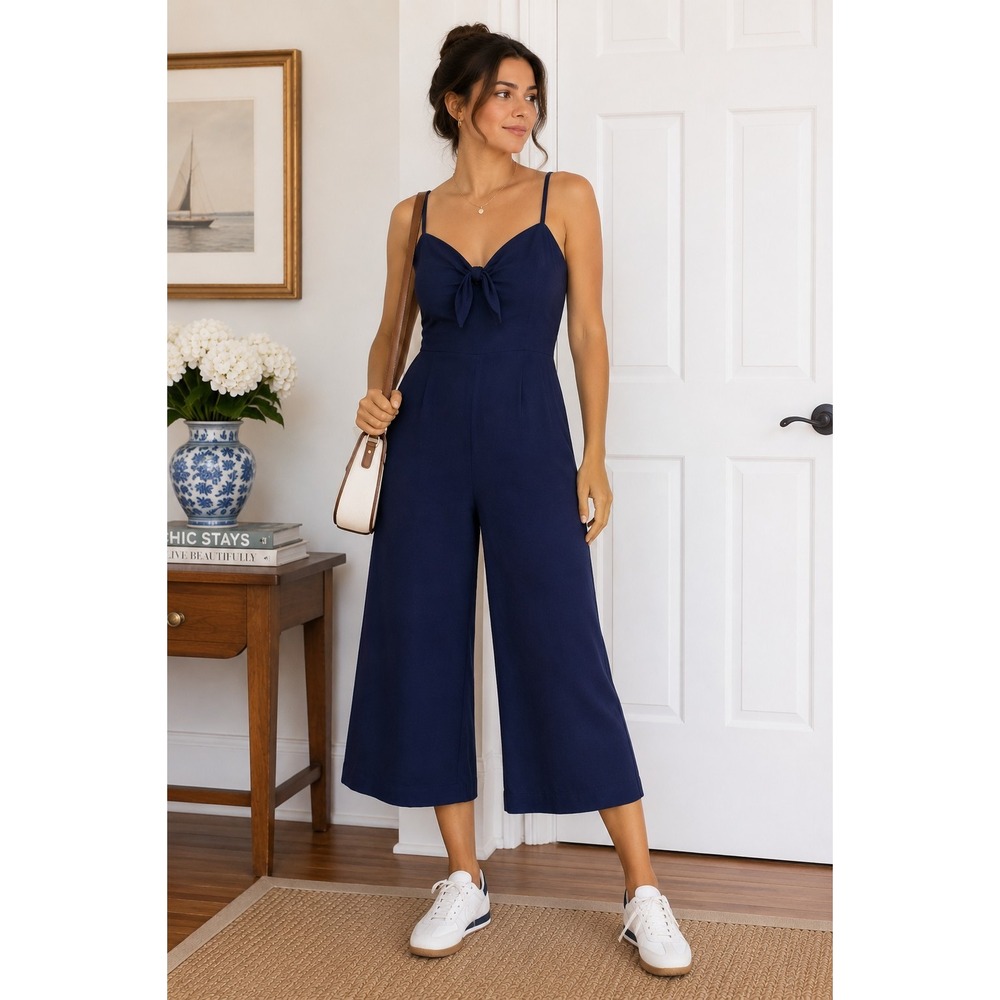 J CREW Jumpsuit Linen Blend Wide-Leg Crop Sleeveless Preppy Boho Front Knot Sz 4